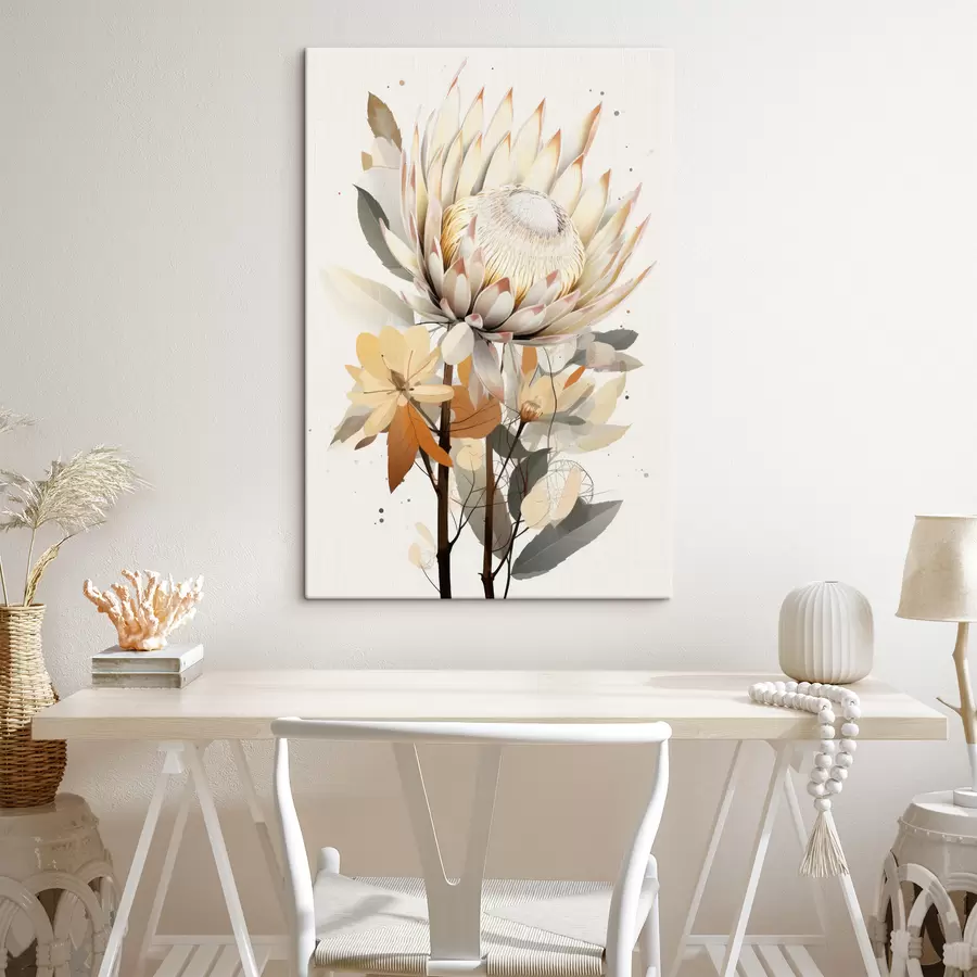 carta da parati Bellissimi fiori di protea con foglie rigogliose, colori beige tenui, cotone nr. s40817
