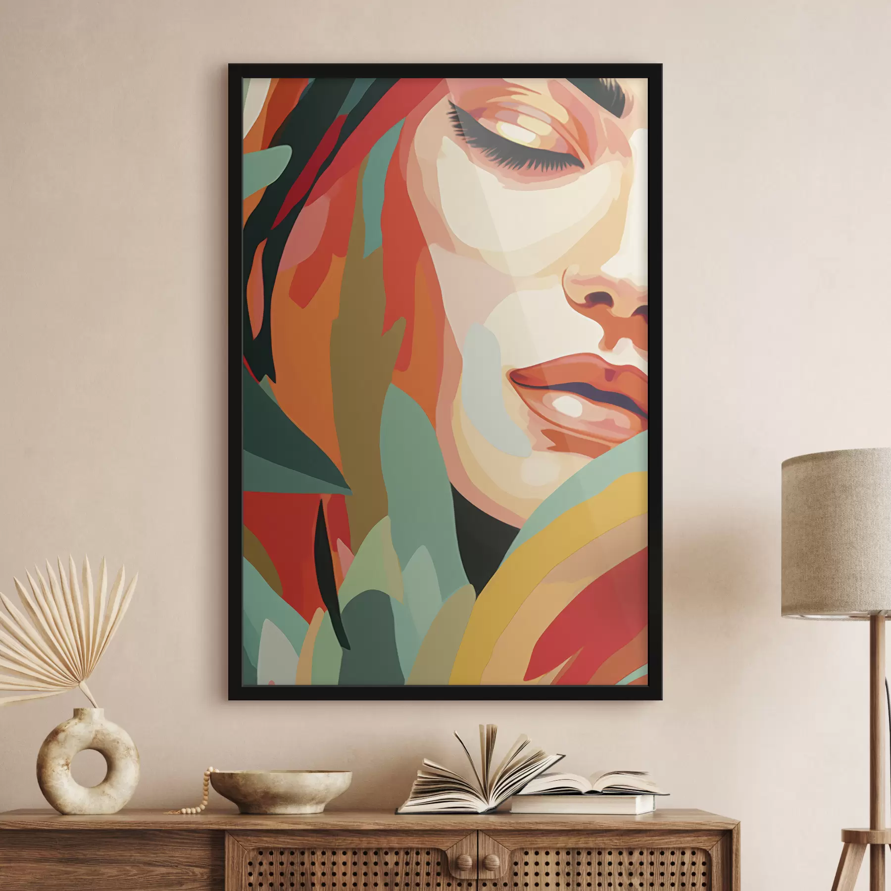 carta da parati Bel volto di donna, astrazione geometrica, floreale, disegno acrilico nr. f40815