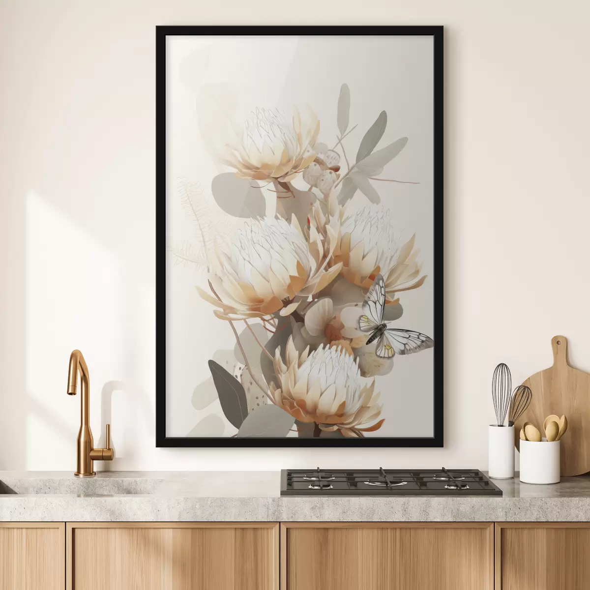 Poster Bellissimi fiori di protea con farfalla, colori beige tenui, cotone f40816