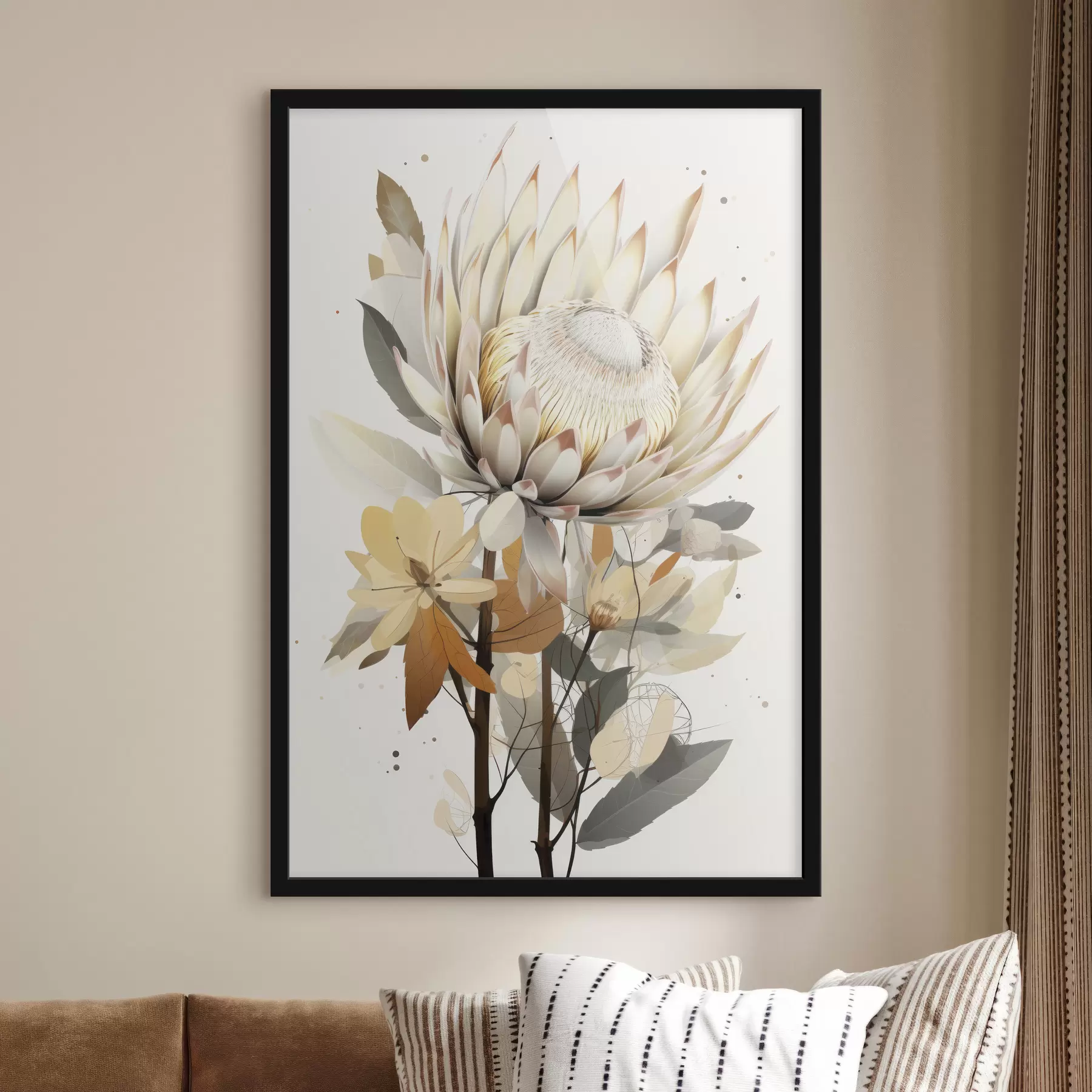 carta da parati Bellissimi fiori di protea con foglie rigogliose, colori beige tenui, cotone nr. f40817