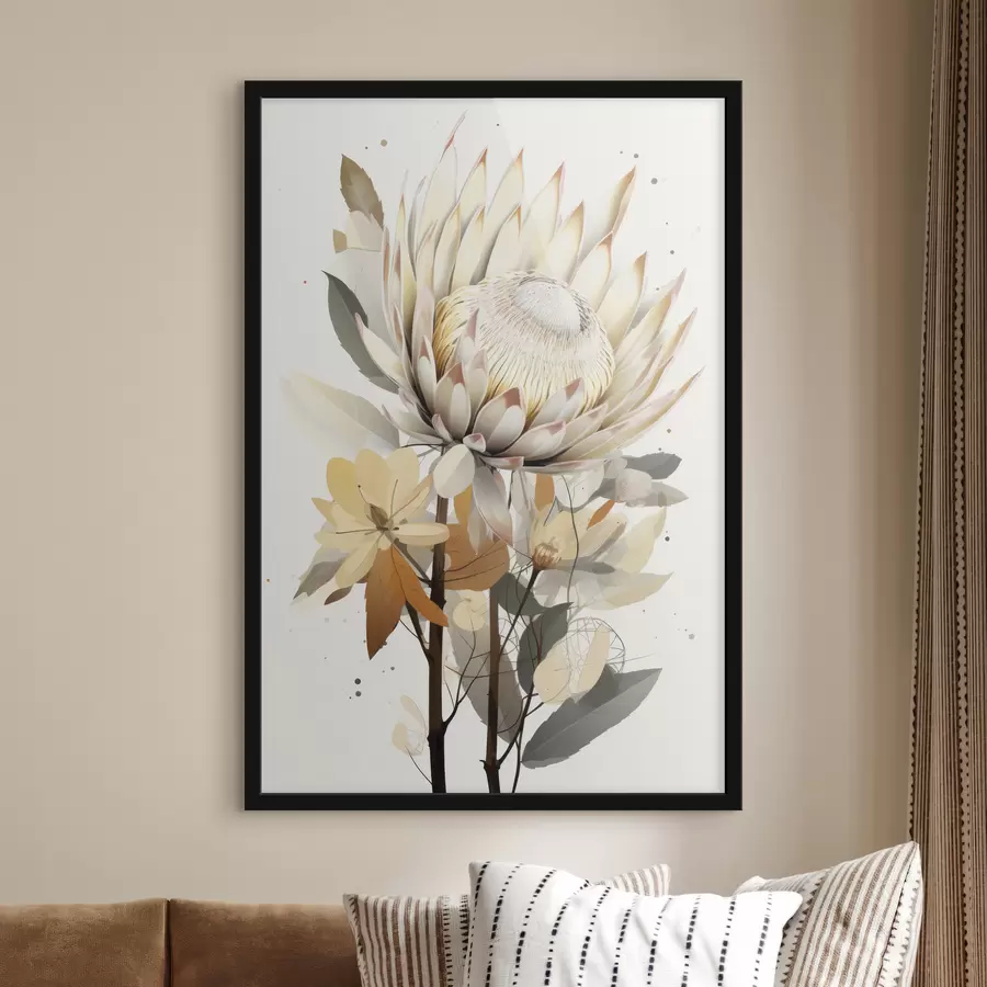 carta da parati Bellissimi fiori di protea con foglie rigogliose, colori beige tenui, cotone nr. f40817