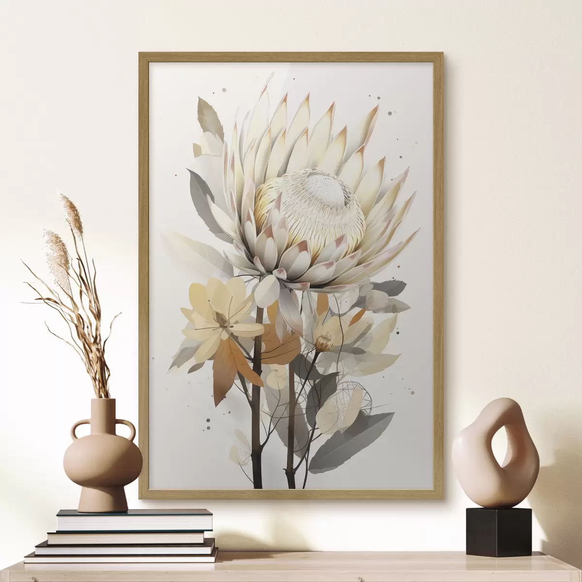 Poster Bellissimi fiori di protea con foglie rigogliose, colori beige tenui, cotone f40817