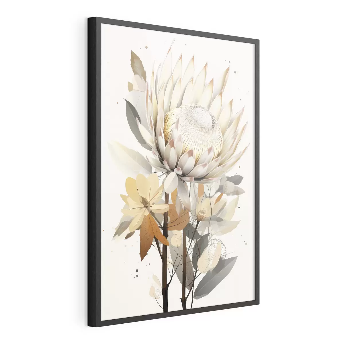 Poster Bellissimi fiori di protea con foglie rigogliose, colori beige tenui, cotone f40817