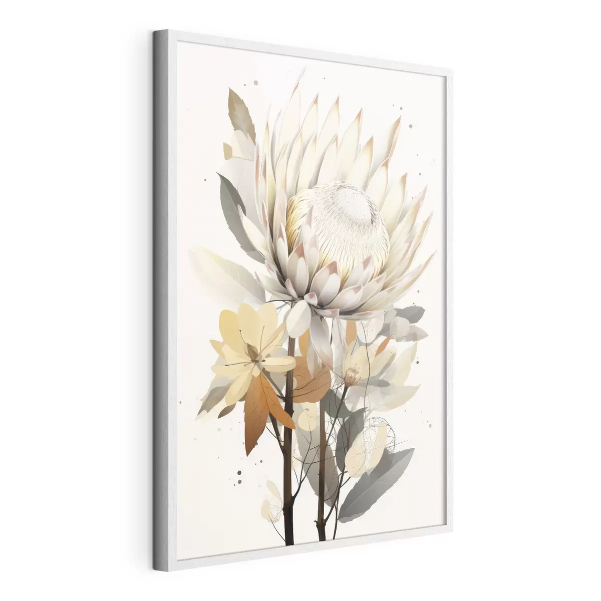 Poster Bellissimi fiori di protea con foglie rigogliose, colori beige tenui, cotone f40817