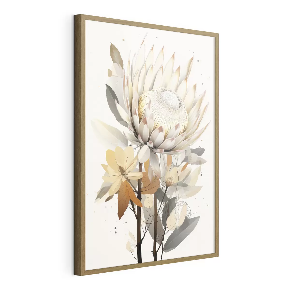 Poster Bellissimi fiori di protea con foglie rigogliose, colori beige tenui, cotone f40817