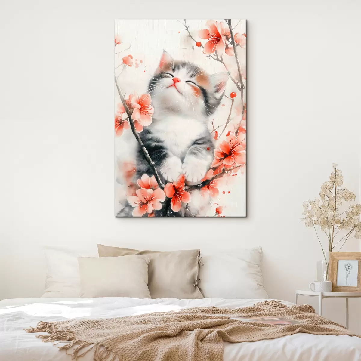 carta da parati Gattino carino su un ramo con fiori nr. s40734