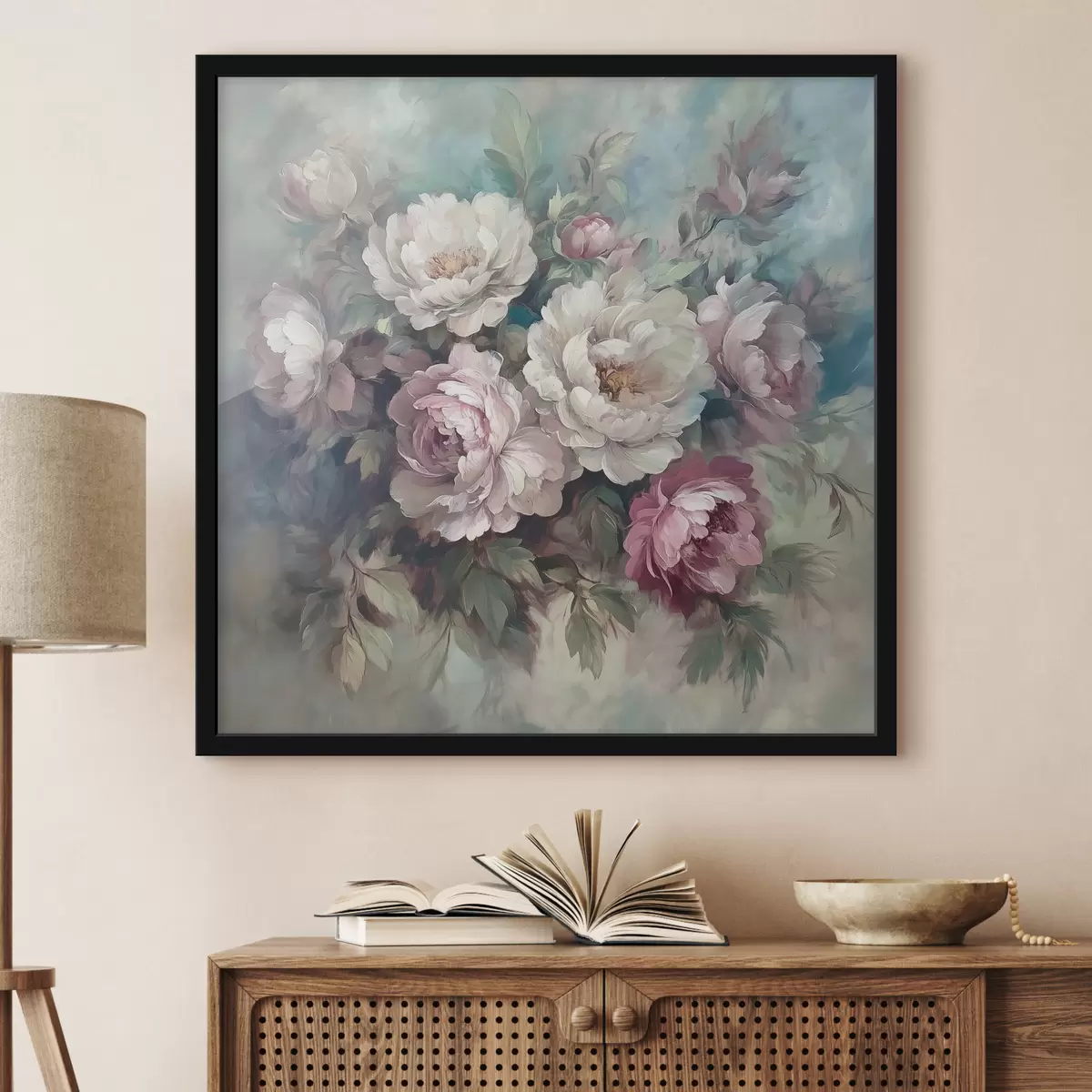 Poster Bouquet di peonie rosa e bianche in pittura ad olio f40582