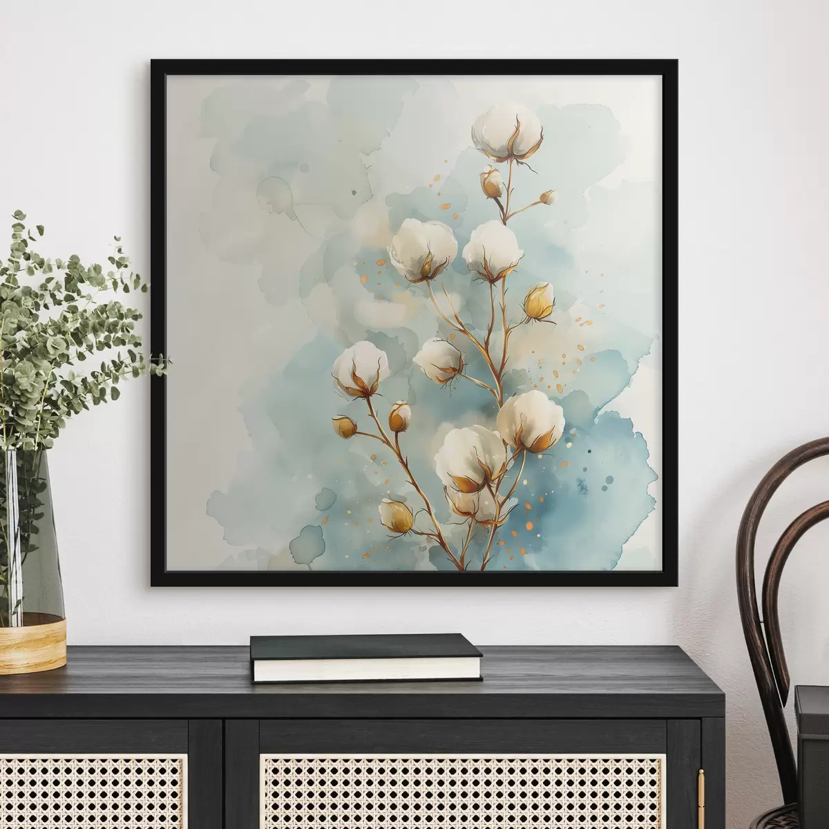 Poster Ramo di cotone su sfondo acquerellato f40780