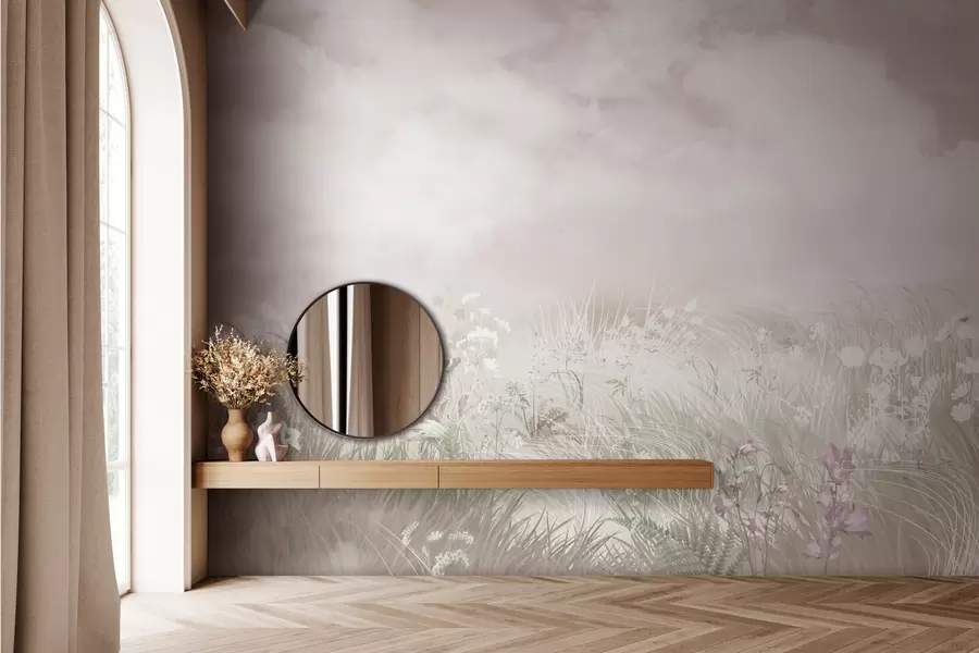 Carta da parati Cielo Fiori selvatici ed erbe con cielo e nuvole rosa pallido n. w01624v4