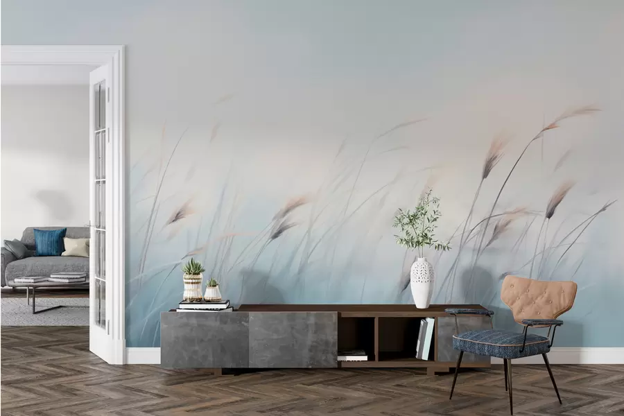 Carta da parati nature Delicate erbe di campo su sfondo blu 