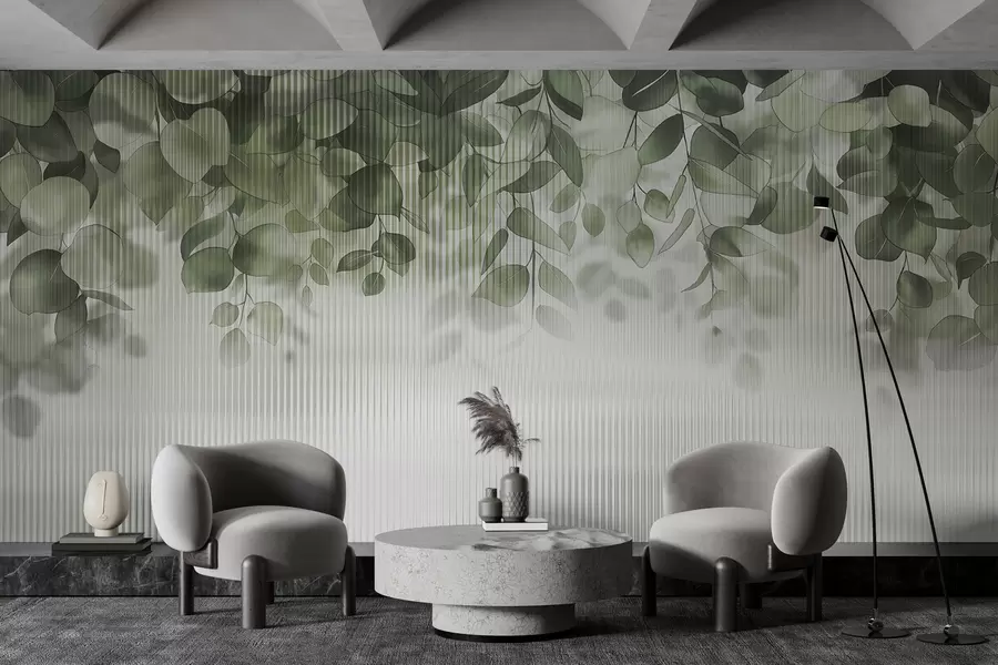 Carta da parati Foglie 3D foglie di eucalipto dietro il vetro