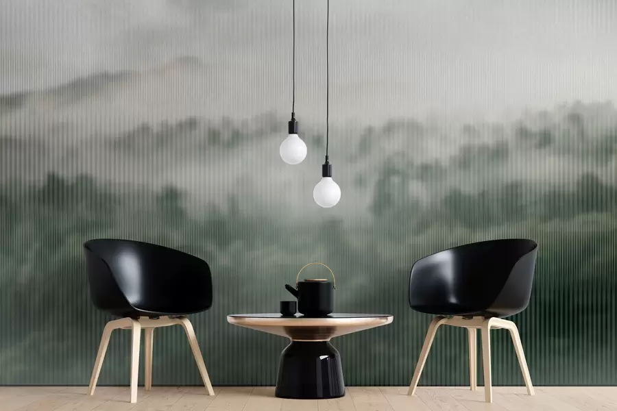 Carta da parati Foresta Nebbiosa foresta verde e nebbiosa dietro il vetro n. w01678