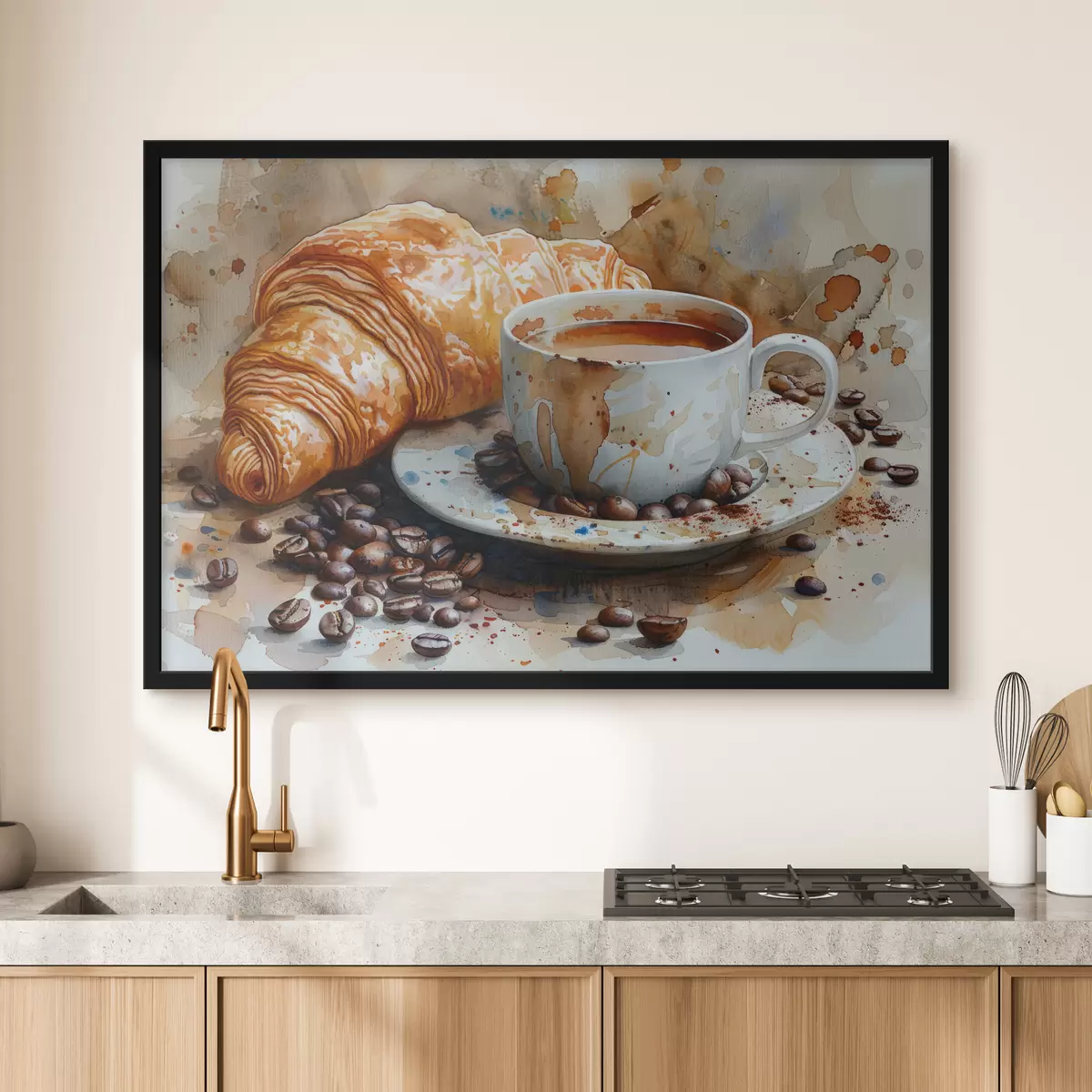 Poster Croissant, mattina, croissant e tazza di caffè, acquerello f40782