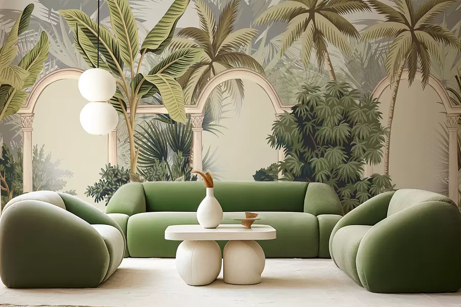 Carta da parati nature Archi con paesaggio tropicale, palme lussureggianti e altro fogliame su uno sfondo chiaro 