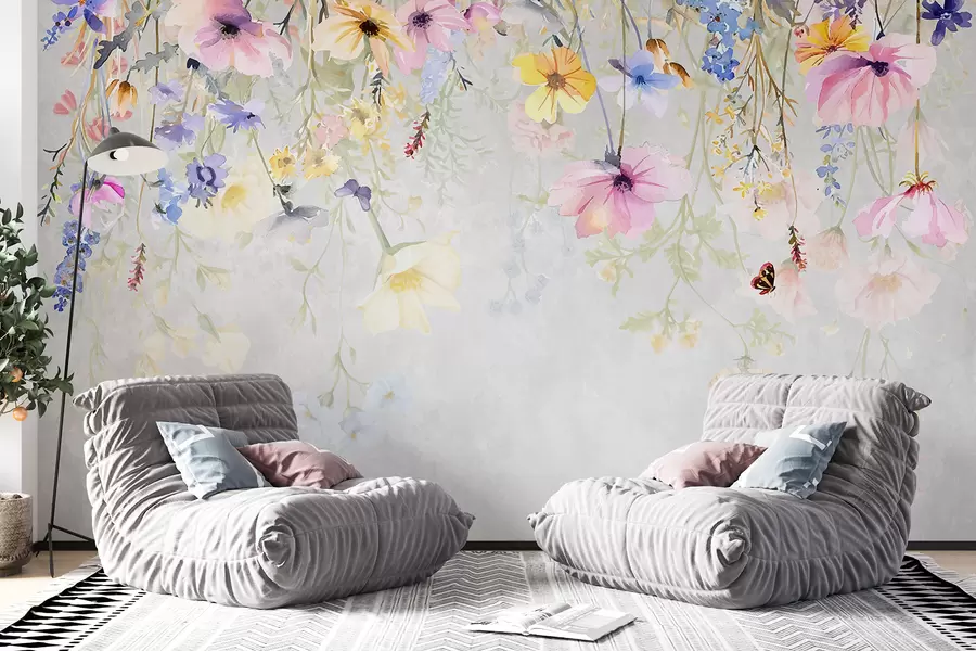 carta da parati Fiori colorati con fiori rosa, gialli e blu che pendono dall'alto su uno sfondo grigio testurizzato nr. w08309