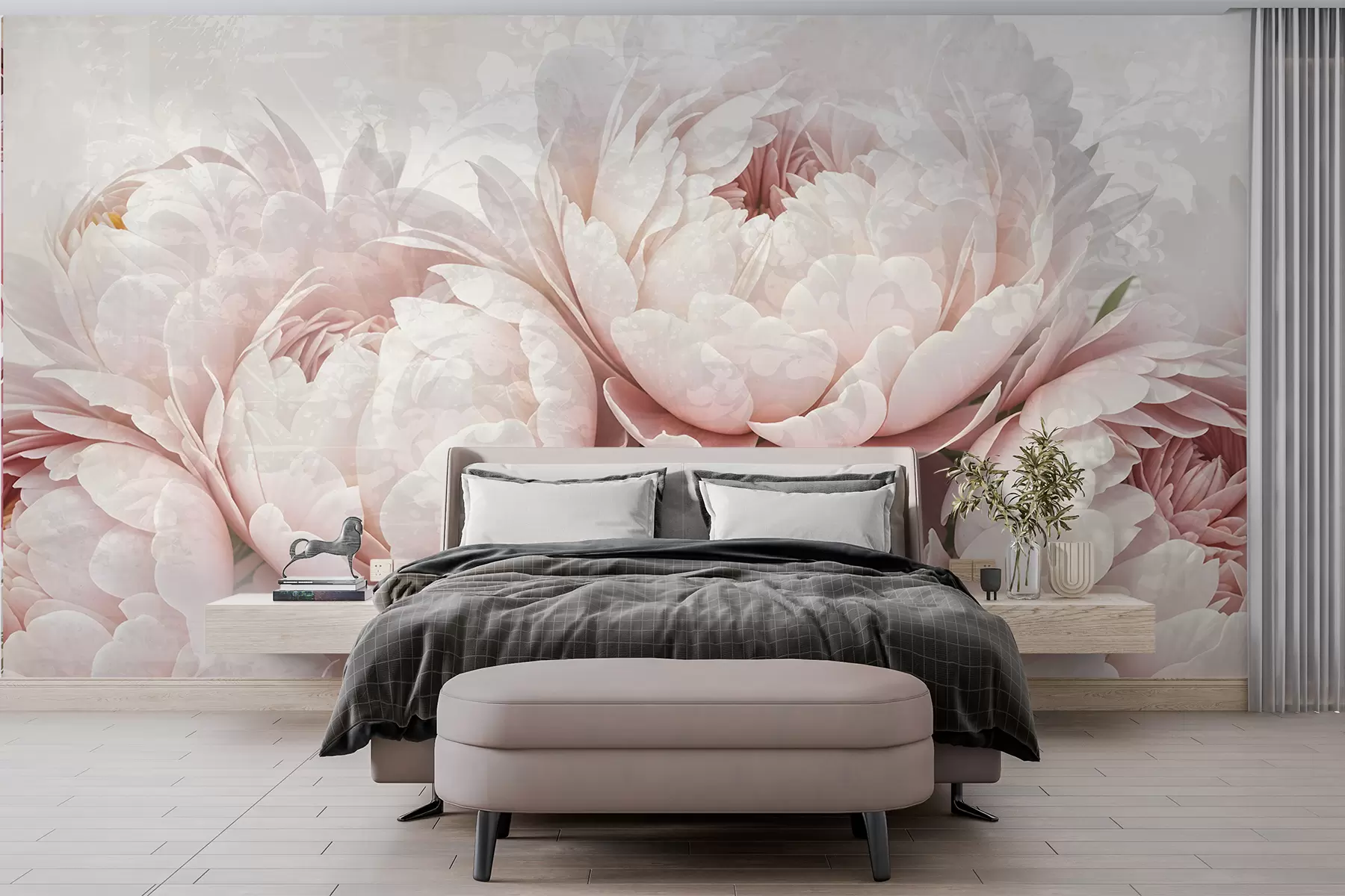 Carta da parati Floreale Peonie rosa tenue con petali delicati su uno sfondo vintage dalla texture leggera n. w08312