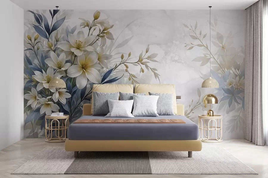 Carta da parati Floreale Bouquet floreale bianco, beige e blu con foglie delicate su uno sfondo morbido e sfocato n. w08314