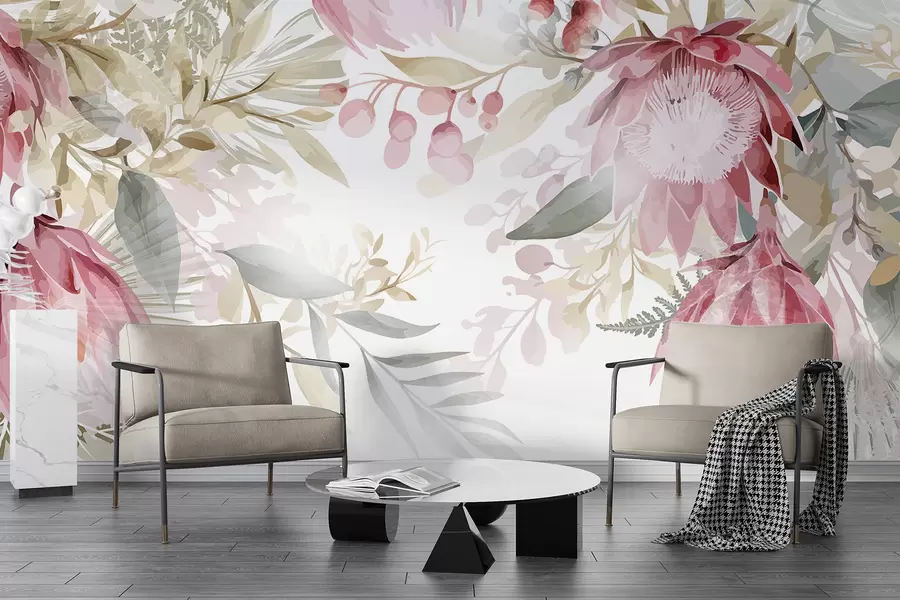 carta da parati Grandi protee trasparenti bianche e rosa con foglie verdi e rigogliose su uno sfondo chiaro nr. w08315