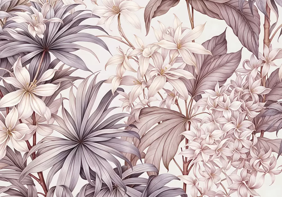 Carta da parati Floreale Stampa floreale tropicale con grandi fiori bianchi e rosa chiaro, foglie di bordo e sfondo neutro n. w08318v1