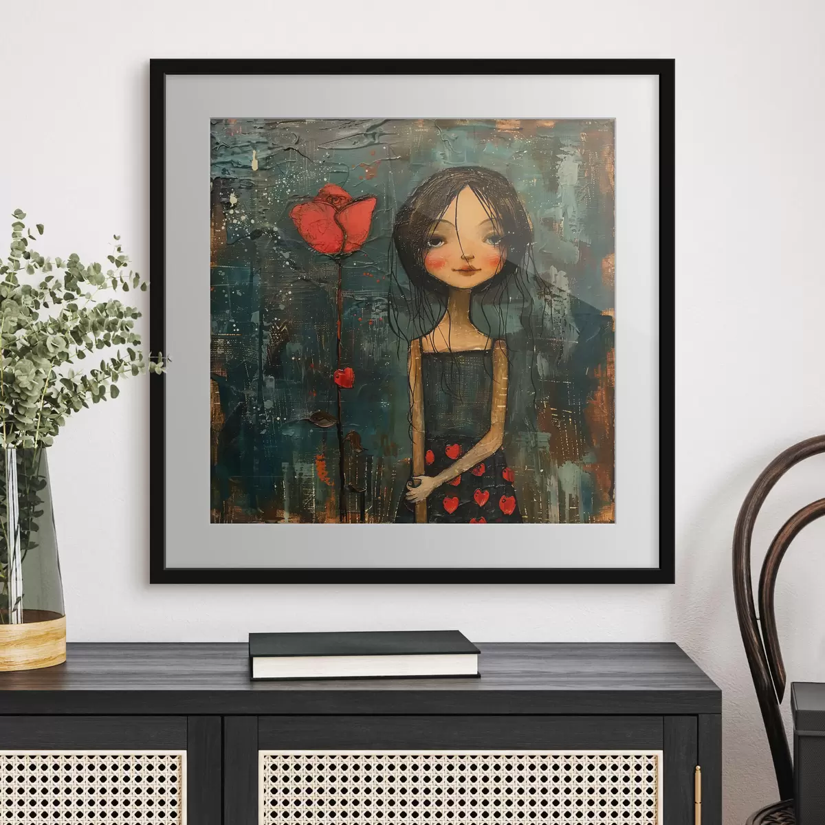 Poster Ragazza e fiore rosso f40897