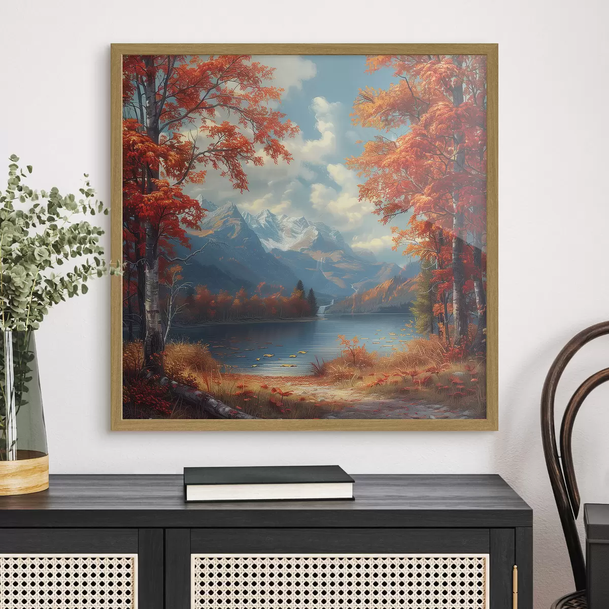 Poster Paesaggio autunnale sullo sfondo delle montagne vicino a uno stagno f40903