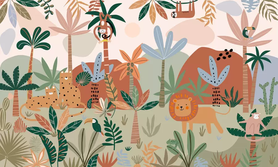 Carta da parati per Bambini Animali divertenti dello zoo della giungla tropicale 