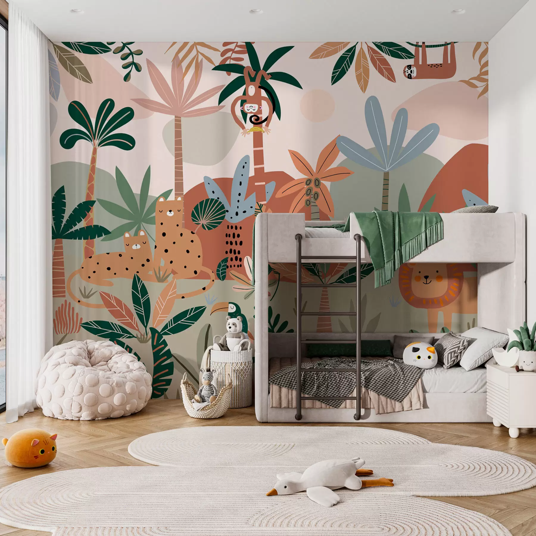 Carta da parati per Bambini Animali divertenti dello zoo della giungla tropicale 