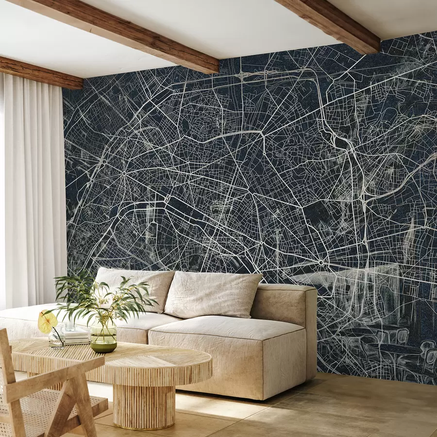 carta da parati Mappa della città di Parigi, disegno al tratto, architettura, Francia, colori scuri nr. w01697v1