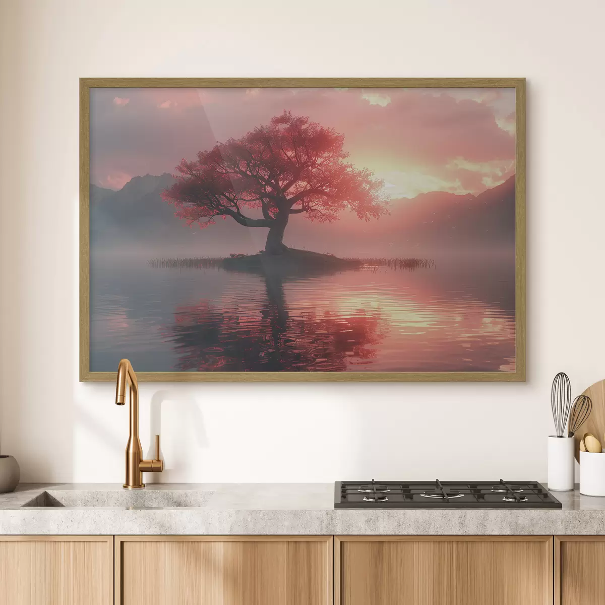 Poster Albero vicino allo stagno al tramonto f40934