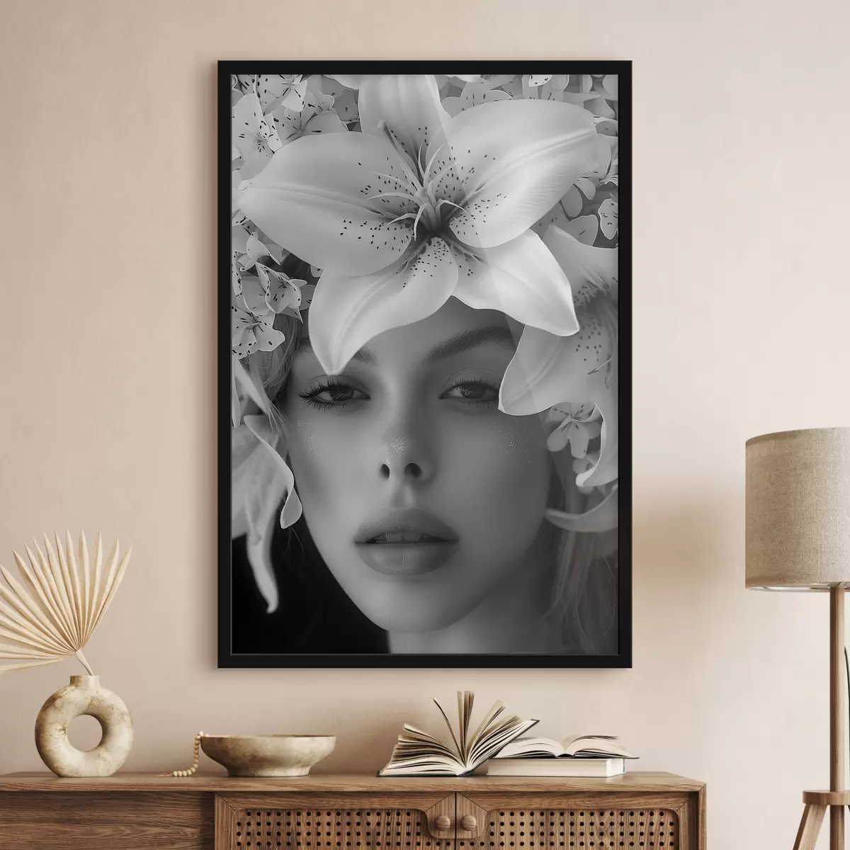 Poster Grandi gigli bianchi e un viso di ragazza f40937