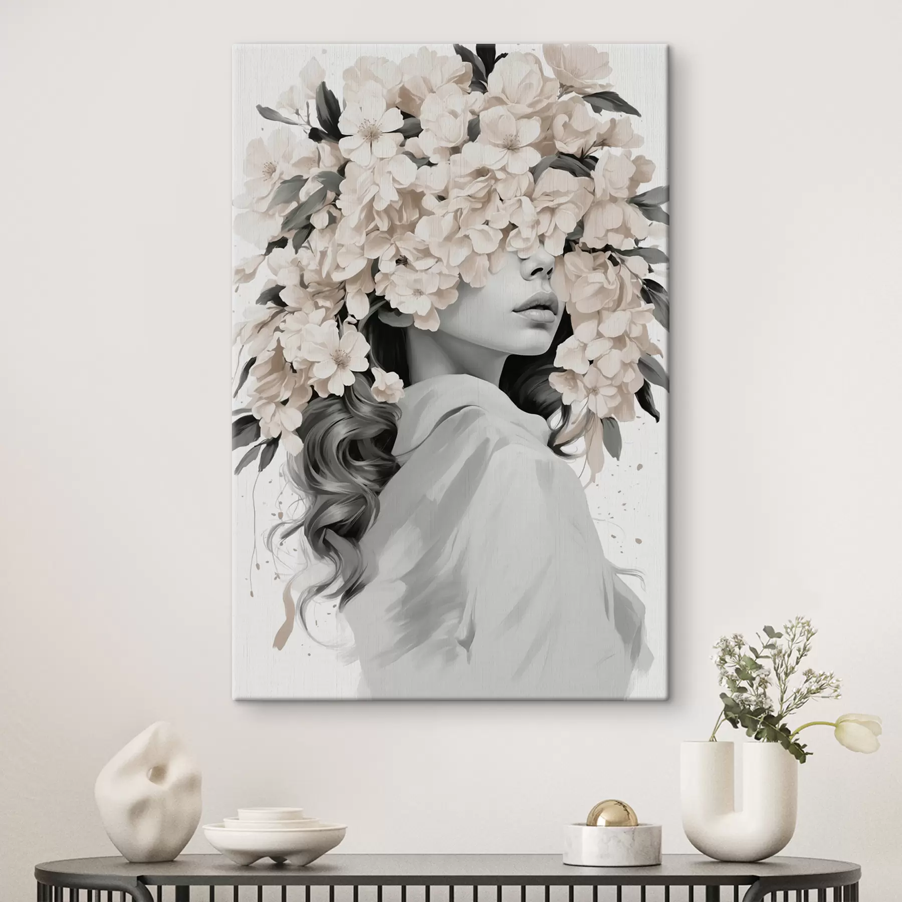 carta da parati Ragazza con fiori sul viso nei colori bianco e nero nr. s40849