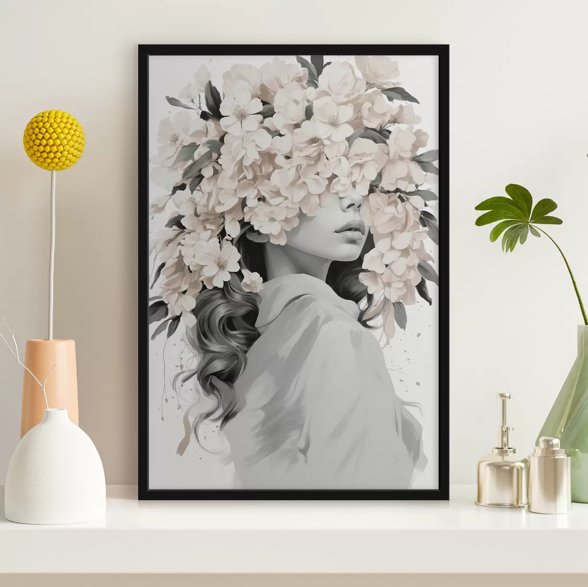 Poster Ragazza con fiori sul viso nei colori bianco e nero f40849
