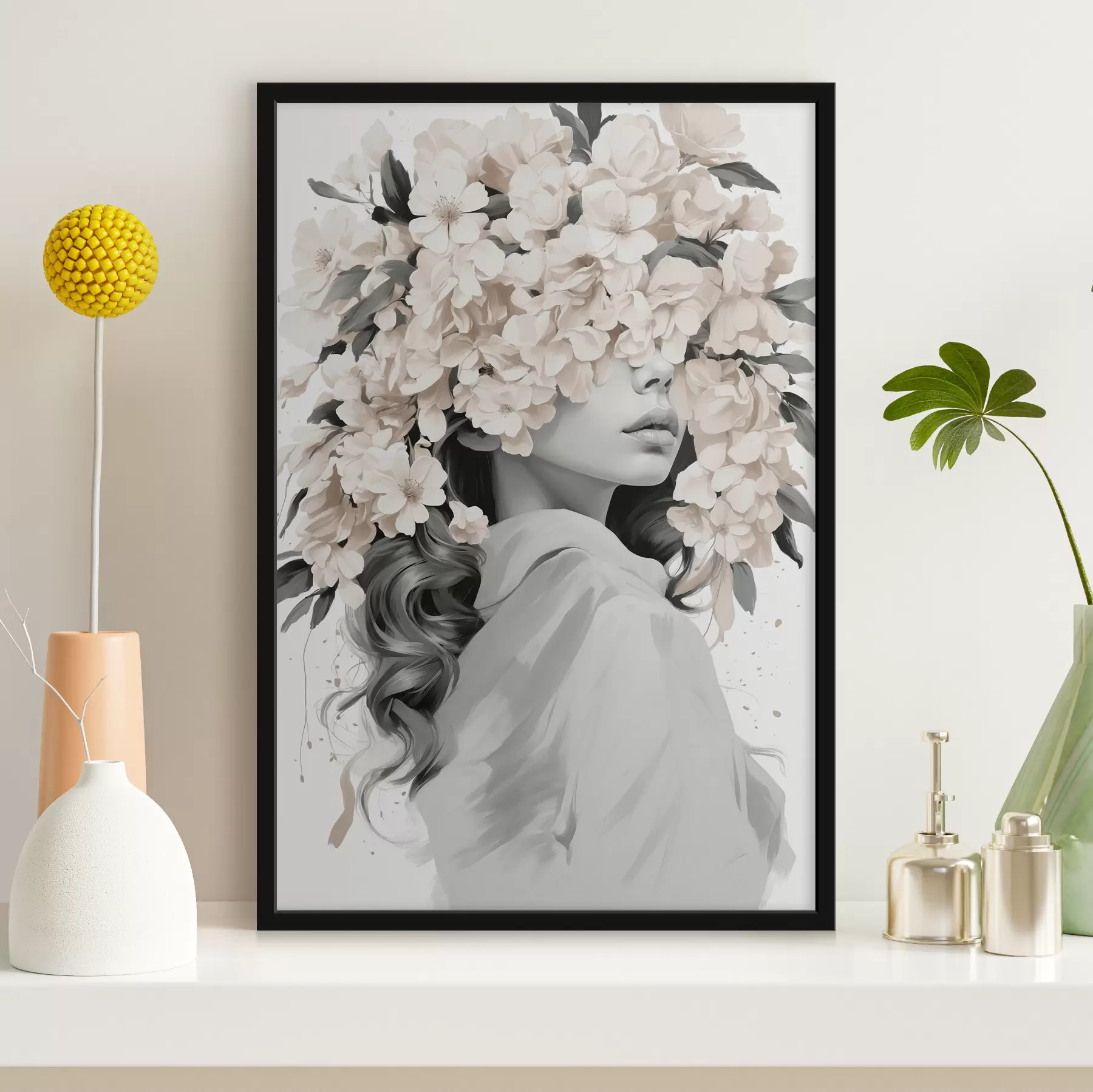 carta da parati Ragazza con fiori sul viso nei colori bianco e nero nr. f40849