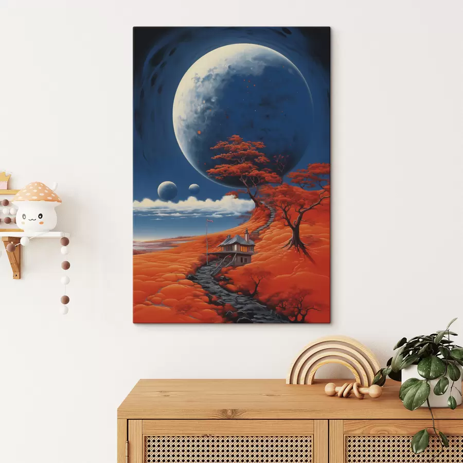 carta da parati Illustrazione cosmica, pianeti, cielo blu, casa sulla collina, alberi nr. s40946