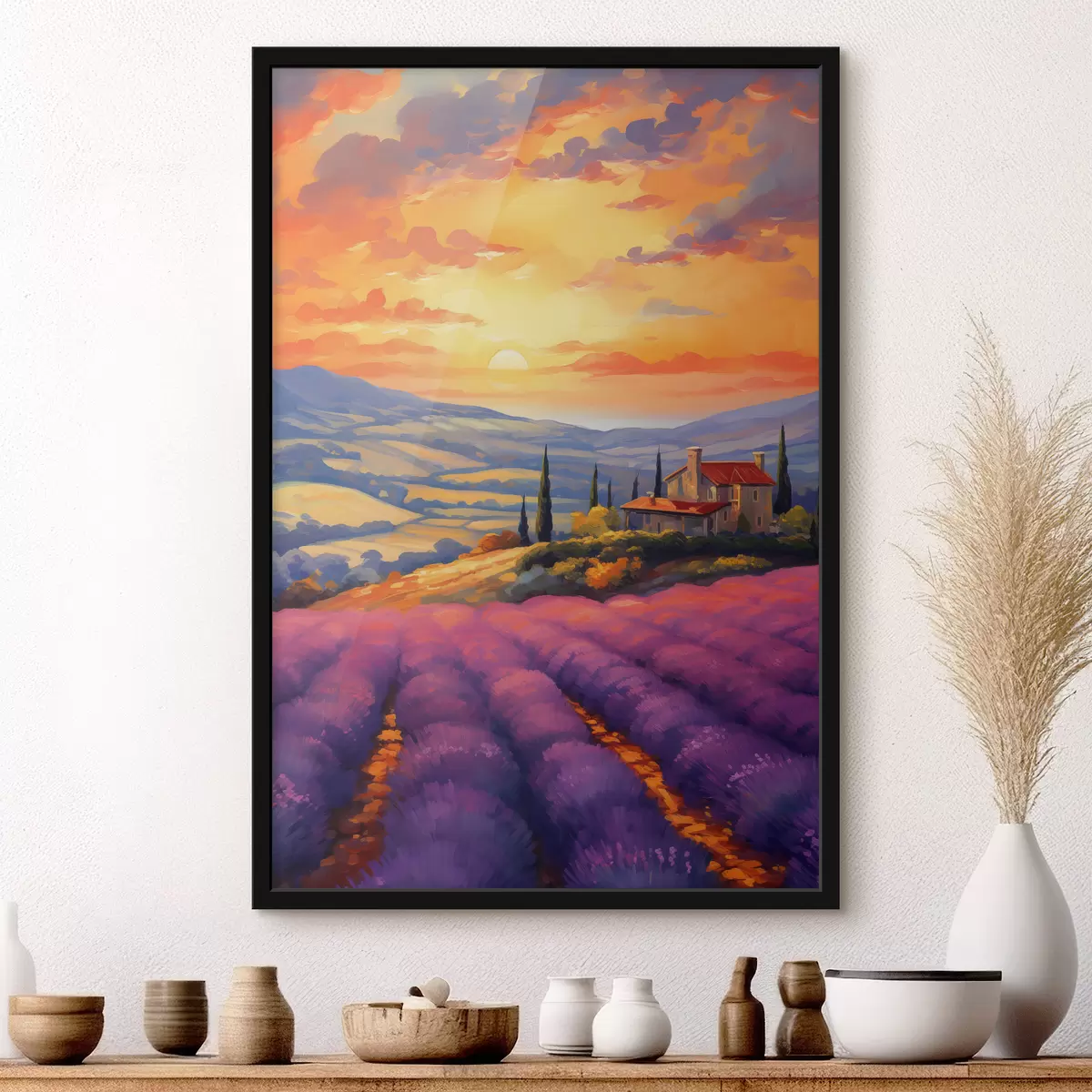 Poster Tramonto in Toscana, campi di lavanda, bei paesaggi, acquerello f40942