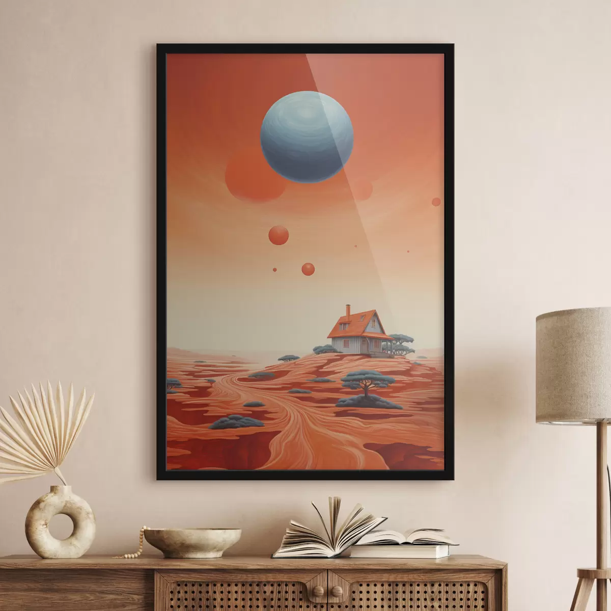 Poster Deserto con casa, arte futuristica, cosmico, pianeta f40944