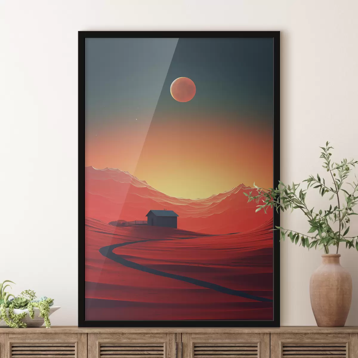 Poster Notte nel deserto, luna, sabbie rosse, futurismo, piccola casa f40950