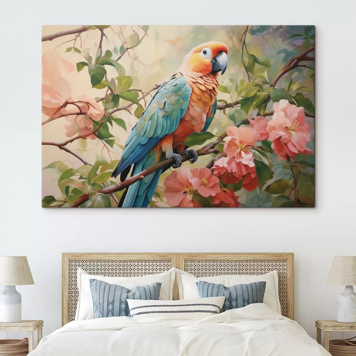 carta da parati Pappagallo Macaw seduto su un ramo con fiori rosa nr. s41018