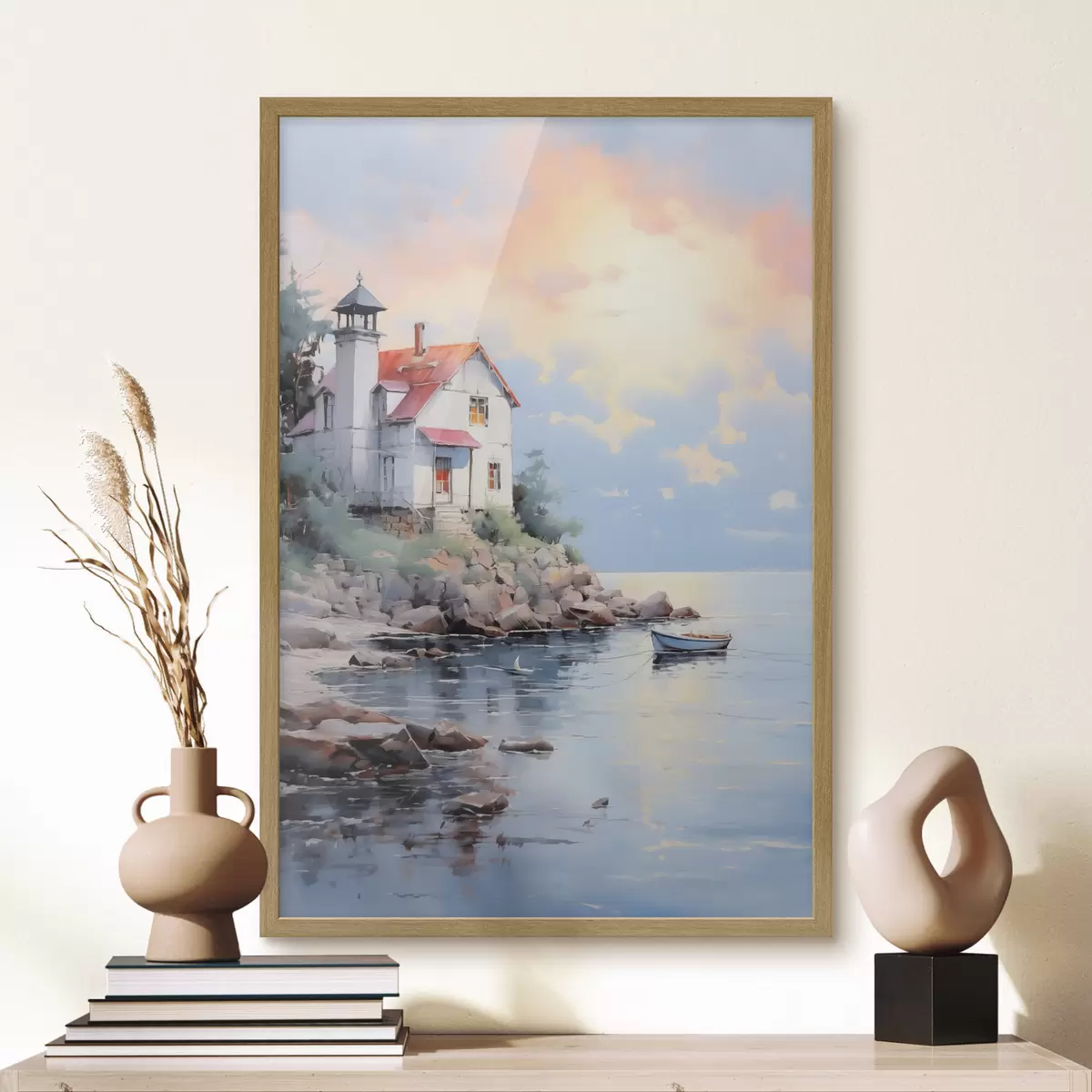 Poster Casa sulla spiaggia in riva al mare al tramonto f41010
