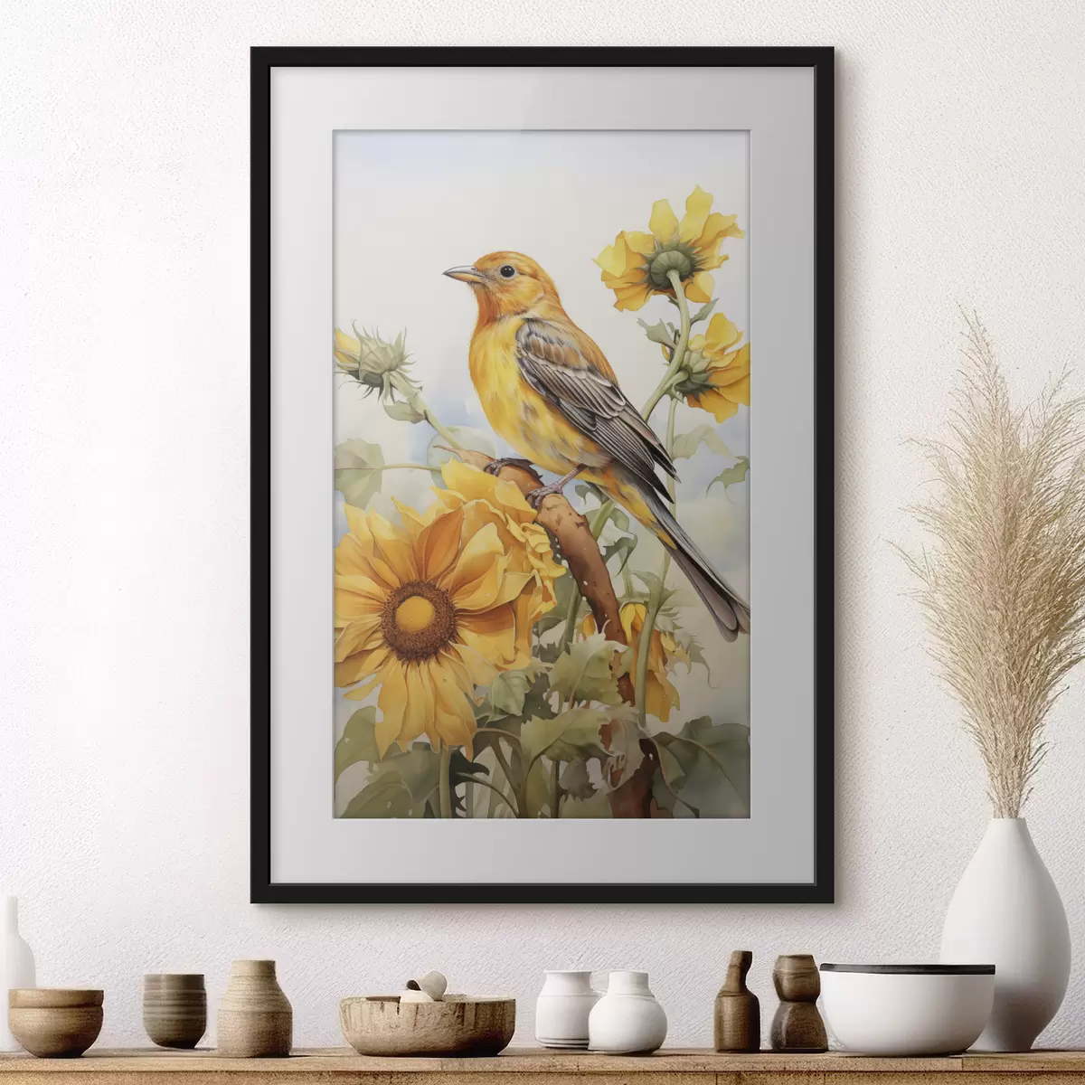 Poster Uccello giallo seduto su girasole acquerello f41015