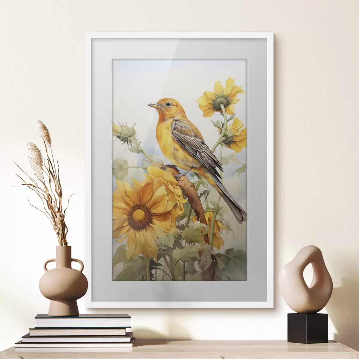 Poster Uccello giallo seduto su girasole acquerello f41015