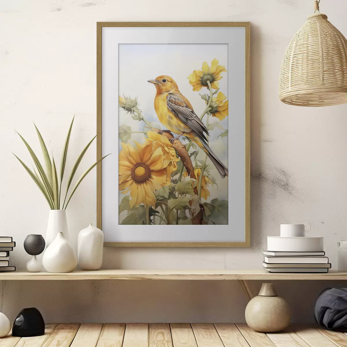 Poster Uccello giallo seduto su girasole acquerello f41015