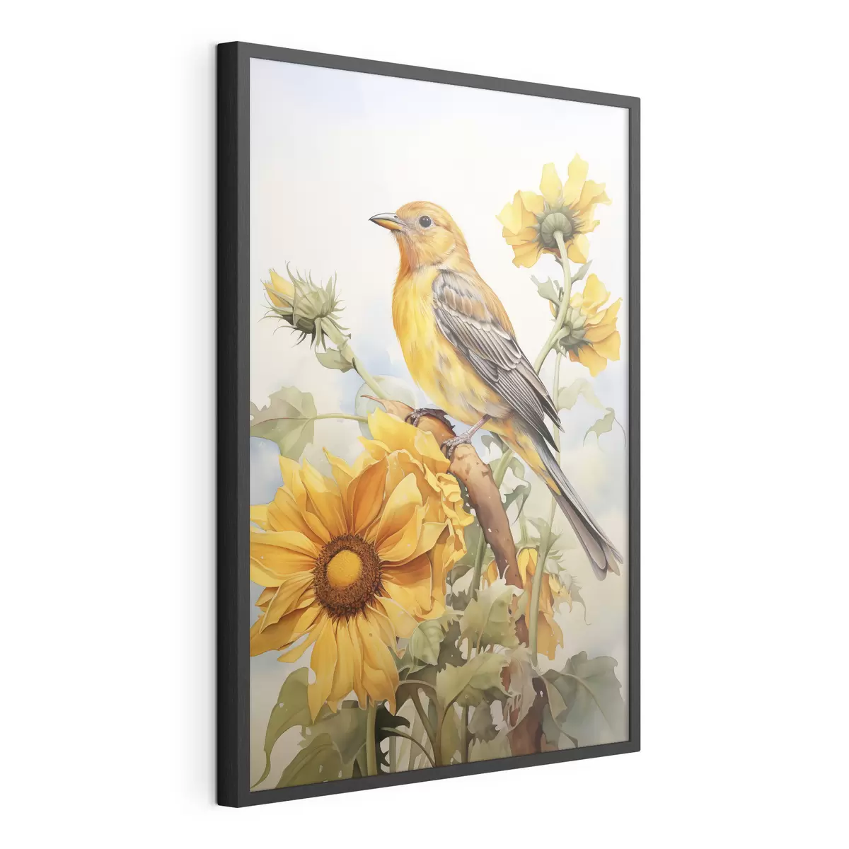 Poster Uccello giallo seduto su girasole acquerello f41015