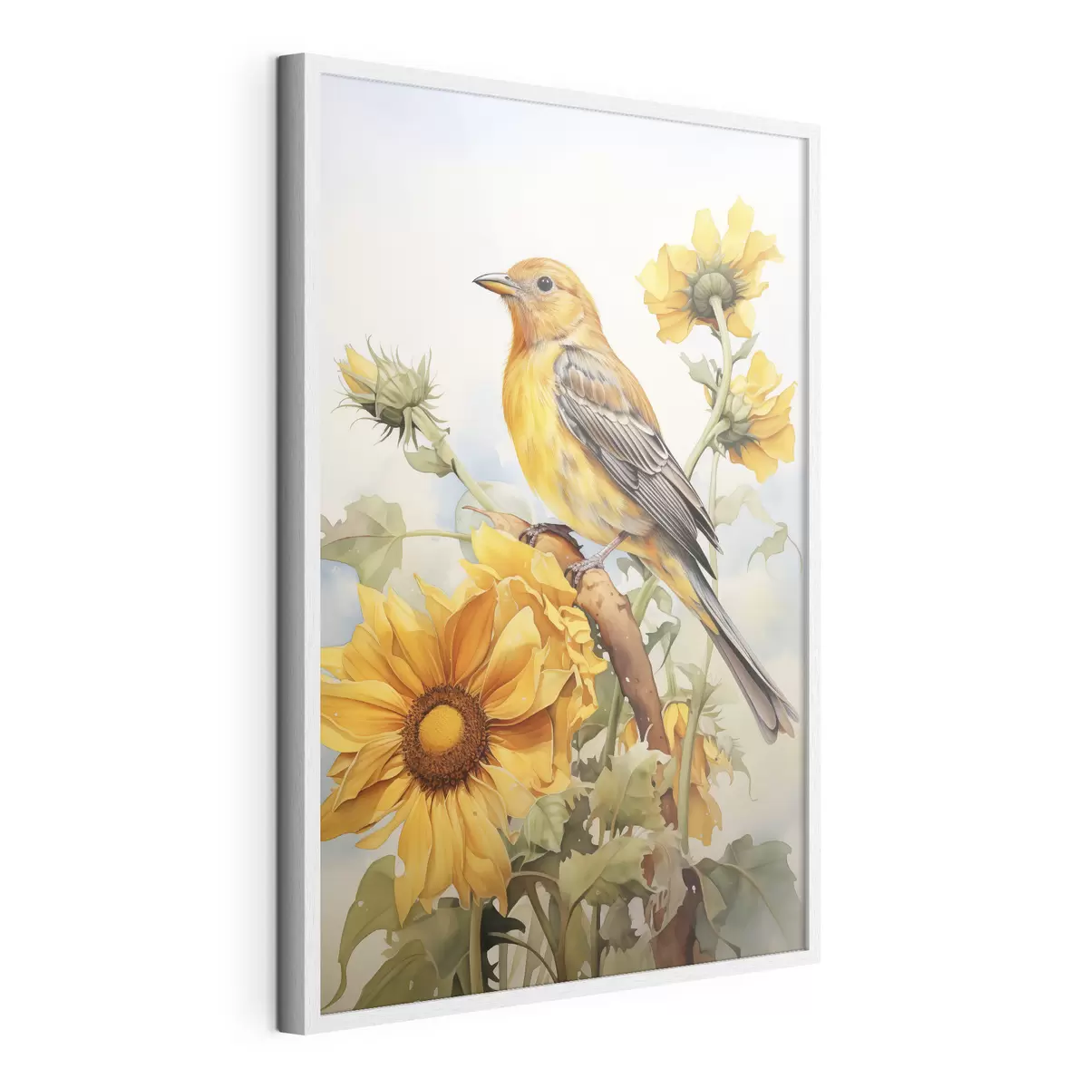 Poster Uccello giallo seduto su girasole acquerello f41015