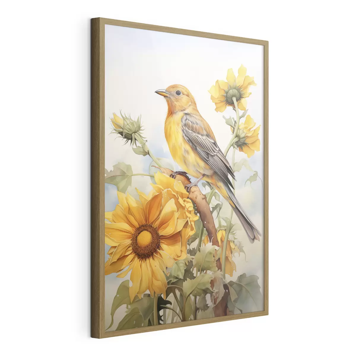 Poster Uccello giallo seduto su girasole acquerello f41015