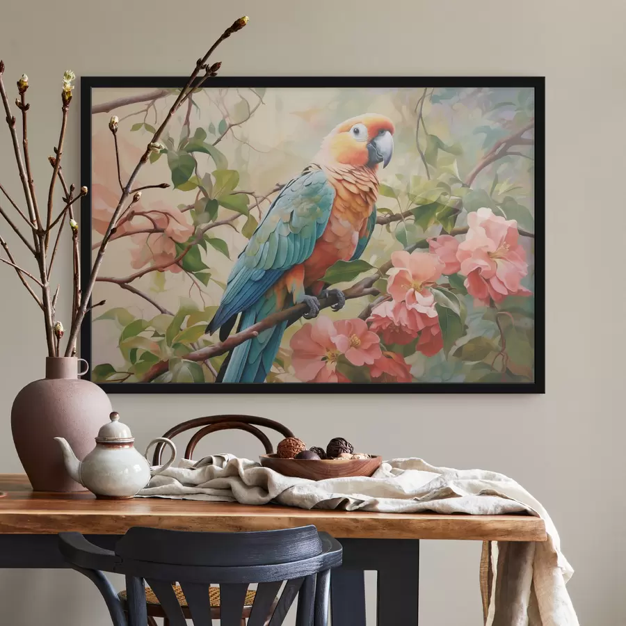 carta da parati Pappagallo Macaw seduto su un ramo con fiori rosa nr. f41018