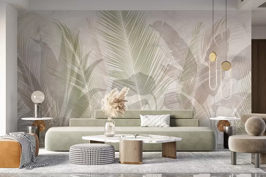 carta da parati Foglie di palma tropicale in tenui colori pastello, con uno sfondo sfocato e vaporoso nr. w08326