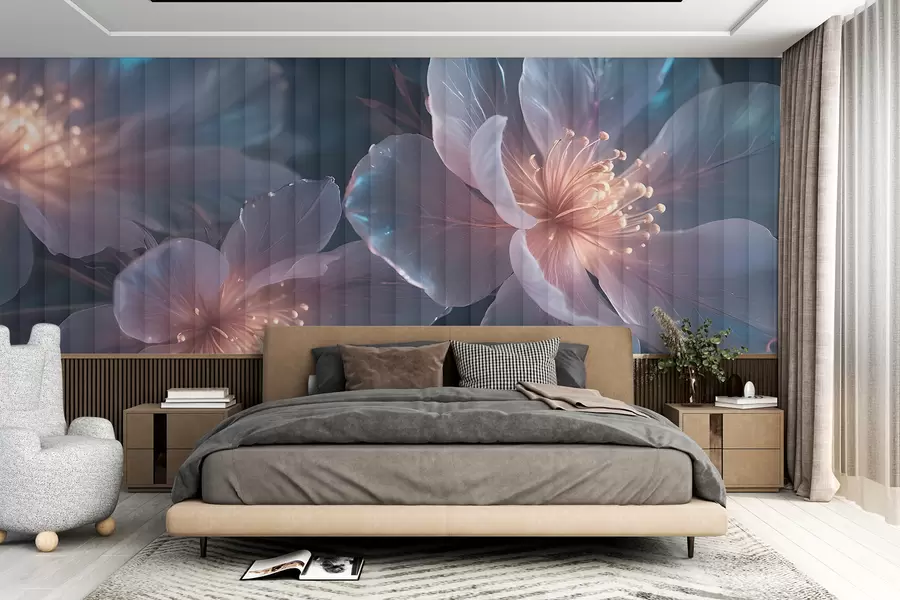 Carta da parati 3D Fiori Delicati fiori trasparenti rosa e blu con petali morbidi e sfumati e centri luminosi su uno sfondo scuro n. w08329