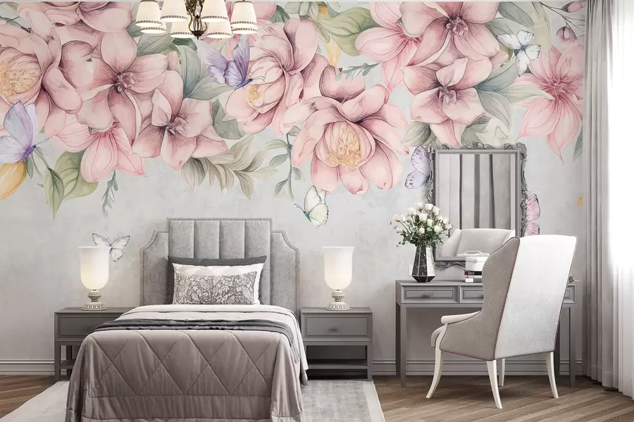 carta da parati Fiori bianchi e rosa tenui con fiori e foglie delicati su sfondo grigio testurizzato nr. w08331