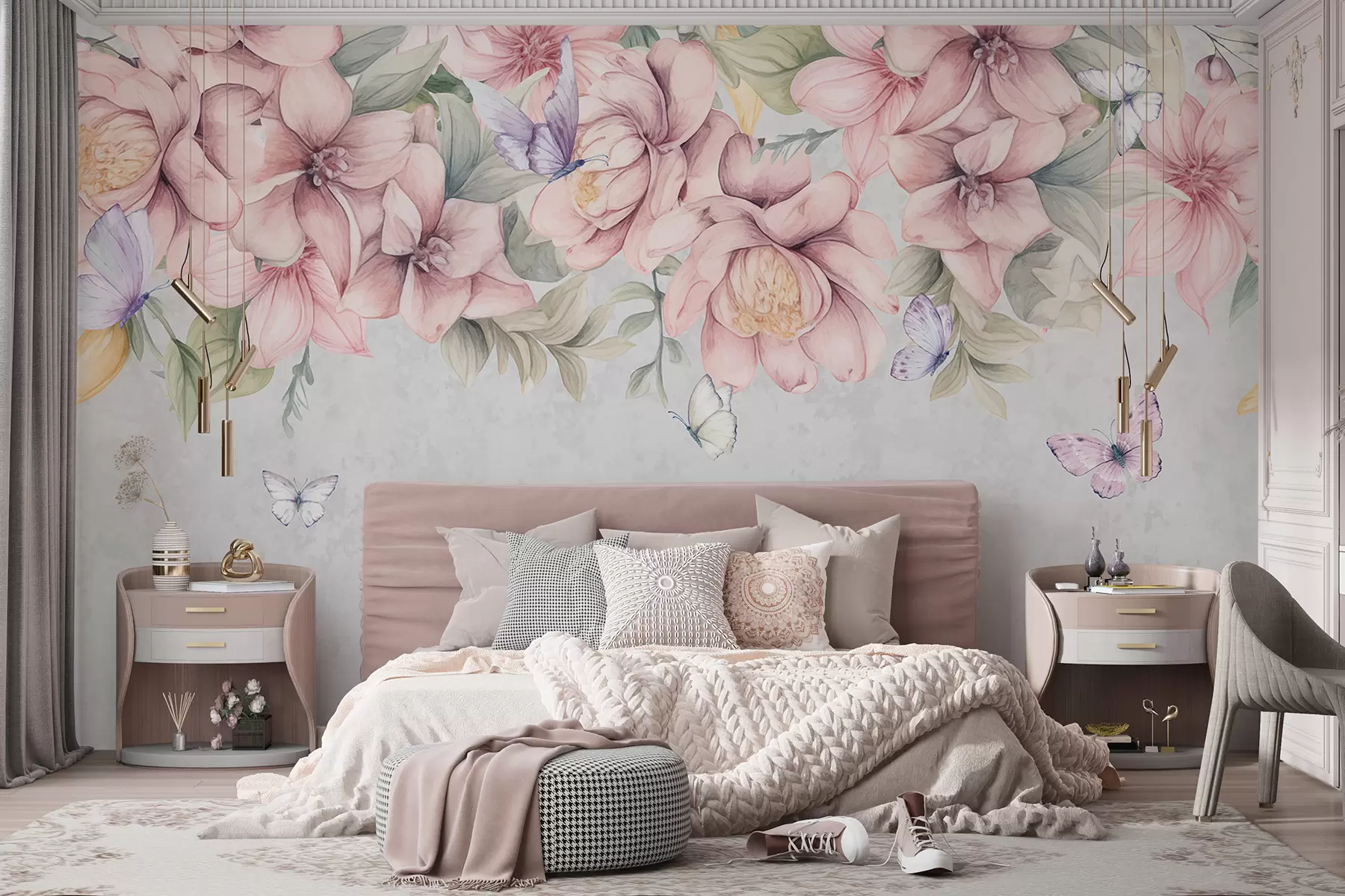 carta da parati Fiori bianchi e rosa tenui con fiori e foglie delicati su sfondo grigio testurizzato nr. w08331